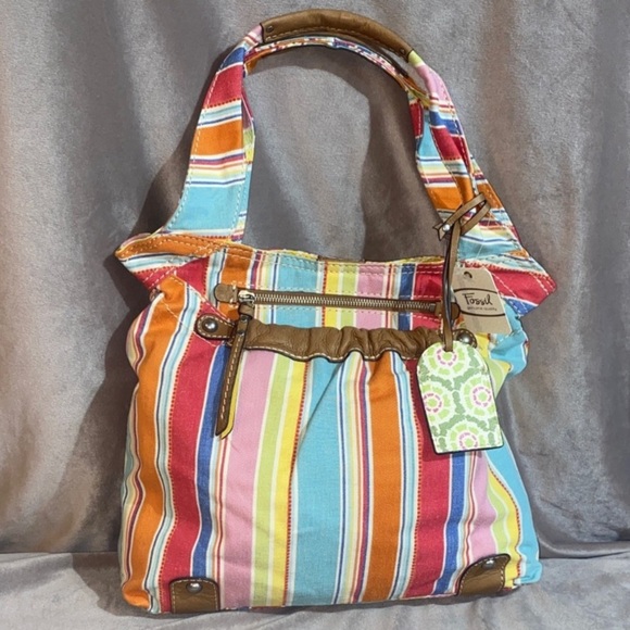 Fossil Handbags - Vintage Fossil Handbag Tote Hobo Canvas Leather Trim Colorful Stripes 🆕